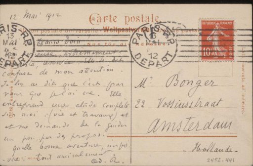 Postcard addressed to Andries Bonger