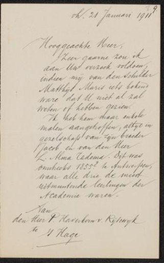 Letter to Pieter Haverkorn van Rijsewijk