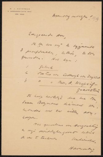 Letter to Pieter Haverkorn van Rijsewijk