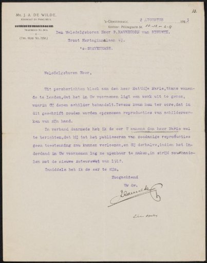 Letter to Pieter Haverkorn van Rijsewijk