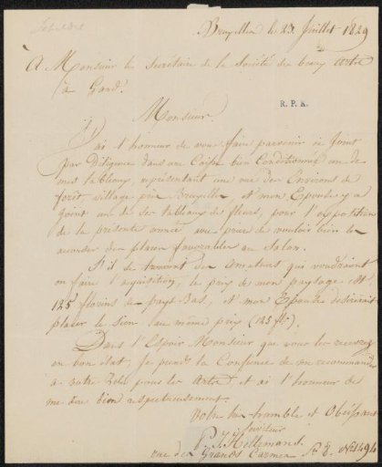 Letter to Pièrre François Antoine De Goesin, secretary of the Société des arts in Ghent