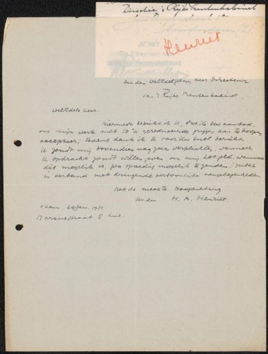 Letter to jonkheer Hendrik Teding van Berkhout (1879-1969)