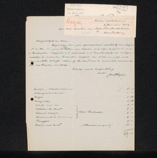 Letter to jonkheer Hendrik Teding van Berkhout (1879-1969)