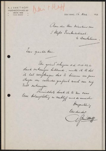 Letter to Jonkheer Hendrik Teding van Berkhout (1879-1969)