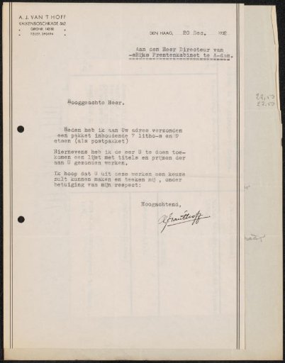 Letter to Jonkheer Hendrik Teding van Berkhout (1879-1969)