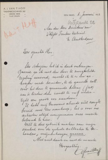 Letter to Jonkheer Hendrik Teding van Berkhout (1879-1969)