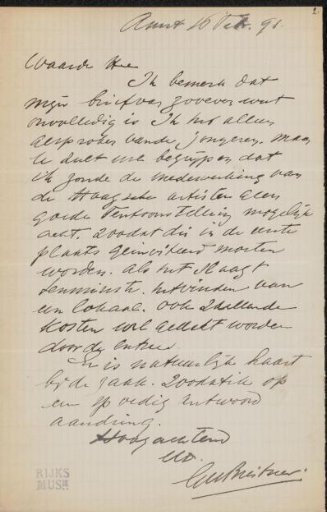 Letter to Pieter Haverkorn van Rijsewijk