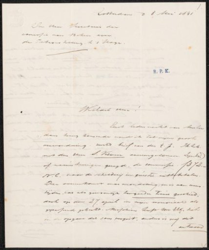 Letter to G.M.C. Hooft, secretary of the committee of the Exhibition of Living Masters in The Hague