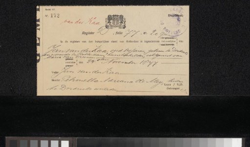 Extract from the civil registration records of Rotterdam concerning Jan van der Kaa