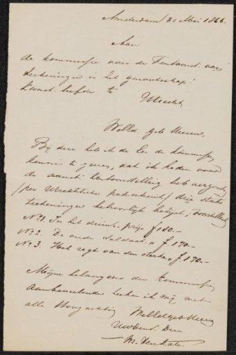Letter to the committee of the exhibition of drawings at the Genootschap Kunstliefde