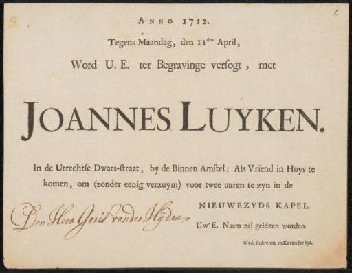 Invitation to the funeral of Jan Luyken, 11 April 1712