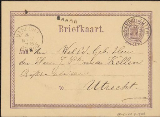 Postcard to Johan Philip van der Kellen