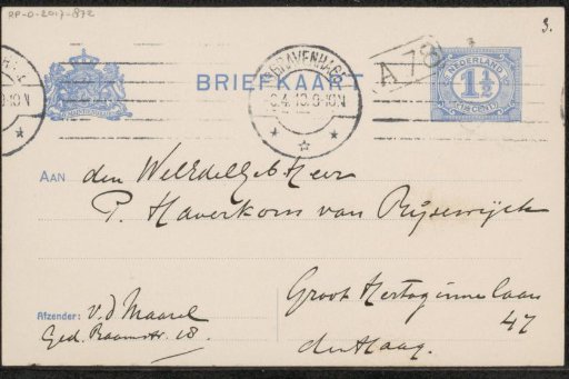 Postcard to Pieter Haverkorn van Rijsewijk