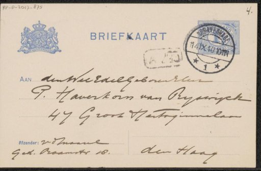 Postcard to Pieter Haverkorn van Rijsewijk