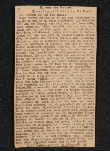 Newspaper clipping concerning Marinus van der Maarel