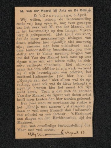 Newspaper clipping concerning Marinus van der Maarel