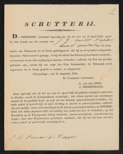 Civic guard letter in the name of Jacob Jan van der Maaten