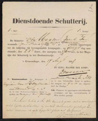 Civic guard letter in the name of Jacob Jan van der Maaten
