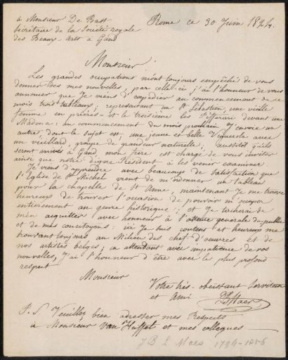 Letter to Liévin Amand Marie De Bast, secretary of the Société des arts (Ghent)