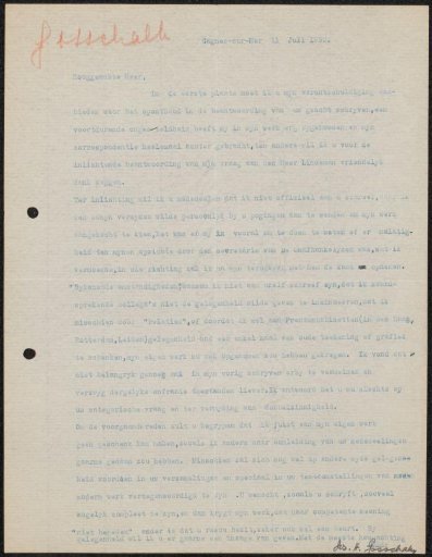 Letter to Jonkheer Hendrik Teding van Berkhout (1879-1969)