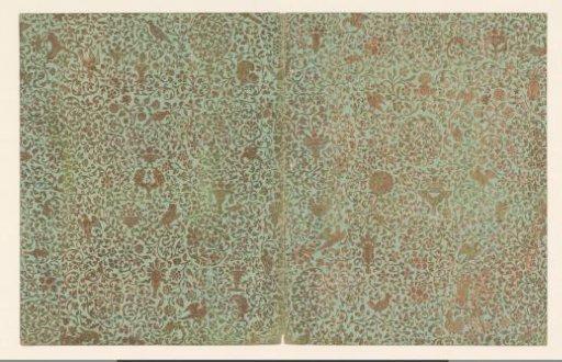Sheet with a scattered pattern of birds, masks, and vases among leafy vines