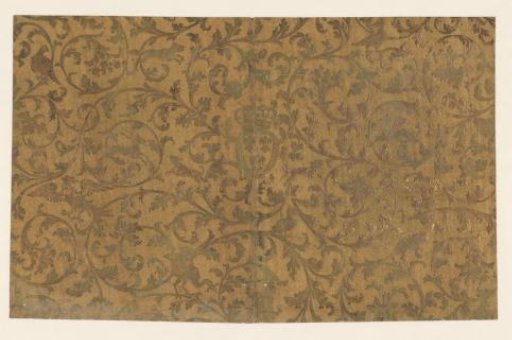 Sheet with a coat of arms with French lilies and a pattern of animals among vines
