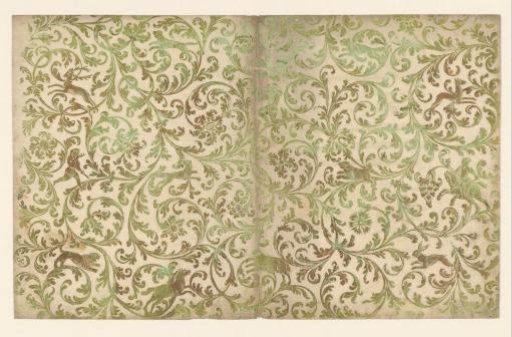 Sheet with a pattern of hunting scenes among leafy vines
