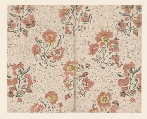 Sheet with a scattered pattern of flowers on a ground of stippled lines