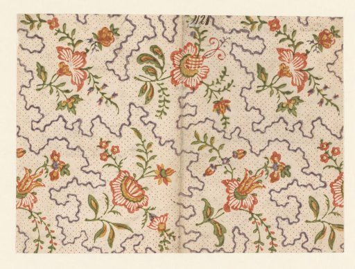 Sheet with flowering branches between wavy lines and a dotted ground
