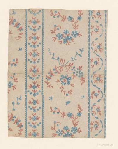Sheet with a pattern of loose floral scrolls and ornamental borders with alternating straight and winding floral motifs