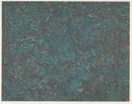 Fancy marble in two shades of blue, red, brown and silver on orange-brown paper