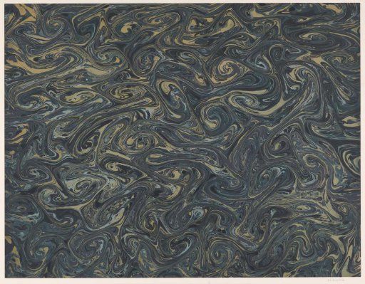 Fantasy marbling in various shades of blue, yellow and green on light brown paper