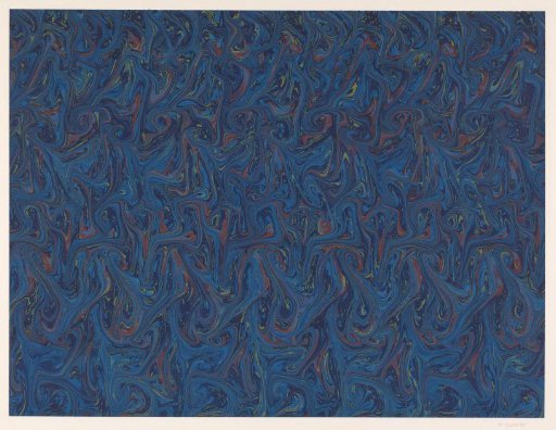Fantasy marbling in various shades of blue, red and light green on light brown paper