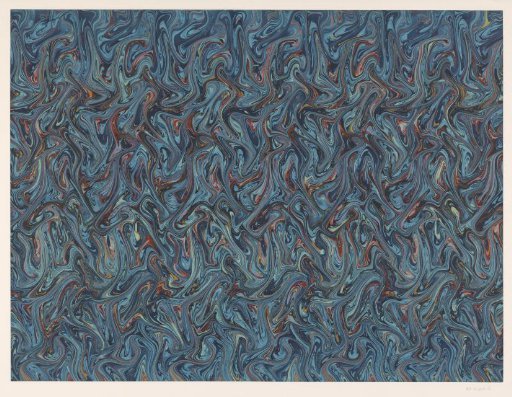 Fantasy marbling in various shades of blue, brown-red, light green and ochre on light brown paper