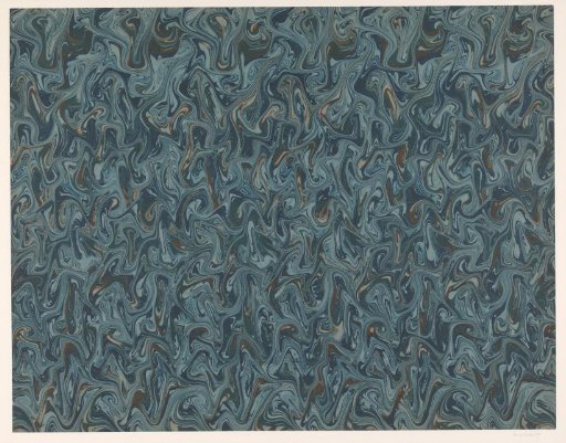 Fantasy marbling in various shades of blue and brown on blue paper