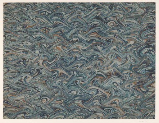 Fantasy marbling in various shades of blue and brown on light blue paper