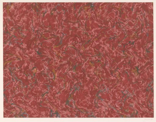 Fantasy marbling in red, green and yellow-green with glitter on pink paper