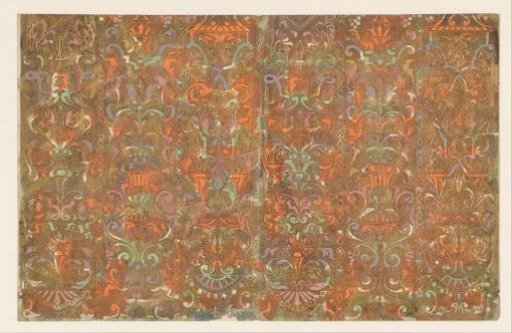Sheet with a vertical band pattern of vases with flowers and ornaments