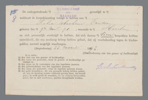 Certificate of Vaccination for Smallpox, 1892