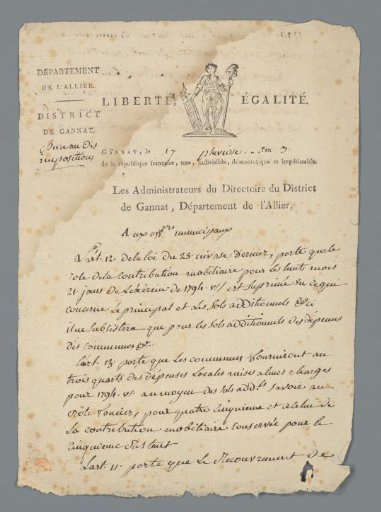 Letter from 'Les Administrateurs du Directoire du District de Gannat, Département de l'Allier', 17 January 1793