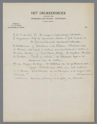 Letter paper from Het Drukkersboek (unknown year), published by Ipenbuur & Van Seldam in Amsterdam, with a handwritten overview of the contents, editor S.H. de Roos