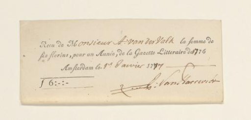 Receipt for A. van der Valk, Amsterdam, 1777