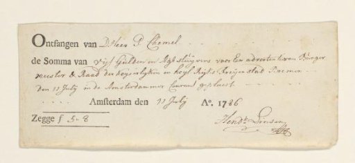 Receipt for P. Chomel, Amsterdam, 1786