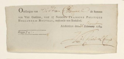 Receipt for P. Chommel, Amsterdam, 1784