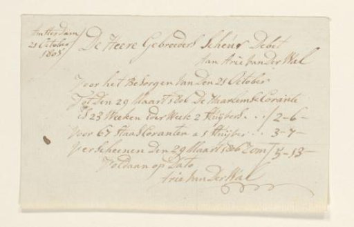 Receipt for the brothers Scheur, Amsterdam, 1805-1806