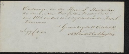 Receipt for Lambertus Hardenberg (1822-1900)