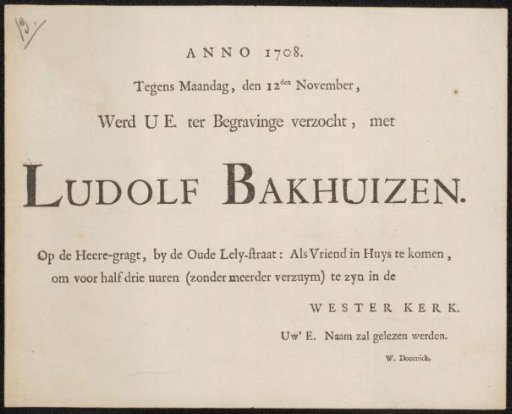 Invitation to the funeral of Ludolf Bakhuysen
