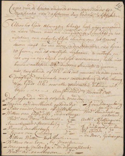 Copy of a death notice of Ludolf Bakhuysen