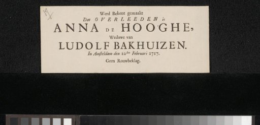 Death notice of Anna de Hooghe