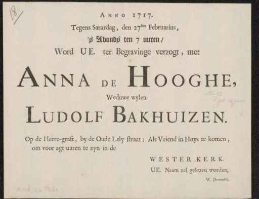 Invitation to the funeral of Anna de Hooghe